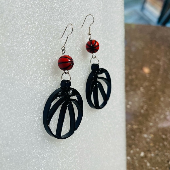 Black and Red Basketball Earrings - Picture 3 of 6